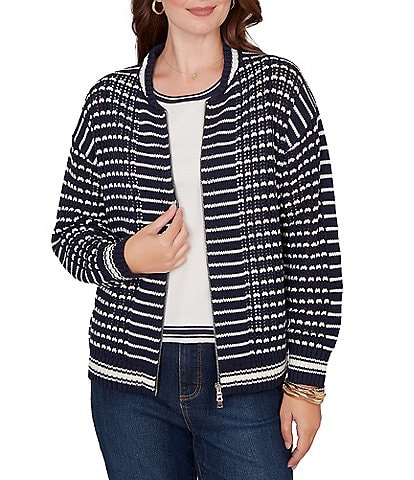Ruby Rd. Striped Ribbed Long Sleeve Mesh Zip-Up Sweater
