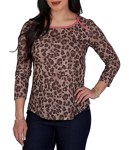 Ruby Rd. Sublimation Knit Cheetah Scoop Neck 3/4 Sleeve Solid Trim Pullover