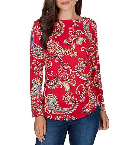 Ruby Rd. Sueded Stretch Knit Whimsical Paisley V-Neck Long Sleeve Side Ruched Top