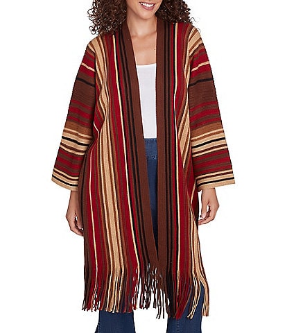 Ruby Rd. Sweater Knit Multi-Stripe Print  Bracelet Sleeve Open-Front Fringed Hem Cardigan