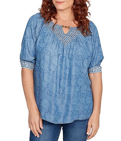 Ruby Rd. Tencel™ Embroidered Allover Printed Keyhole Neck Elbow Tie Sleeve Top