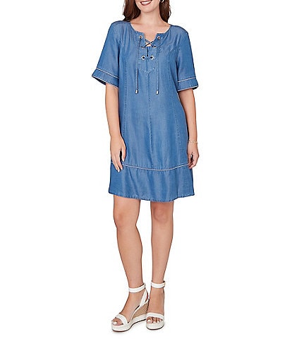 Ruby Rd. Tencel™ Split Neck Short Sleeve Lace-Up Shift Dress