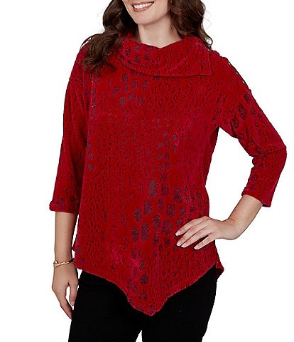 Ruby Rd. Textured Animal Jacquard Split Cowl Neck 3/4 Sleeve Asymmetric Hem Sweater