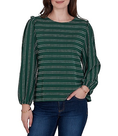 Ruby Rd. Textured Knit Dobby Stripe Crew Neck Bracelet Length Sleeve Top