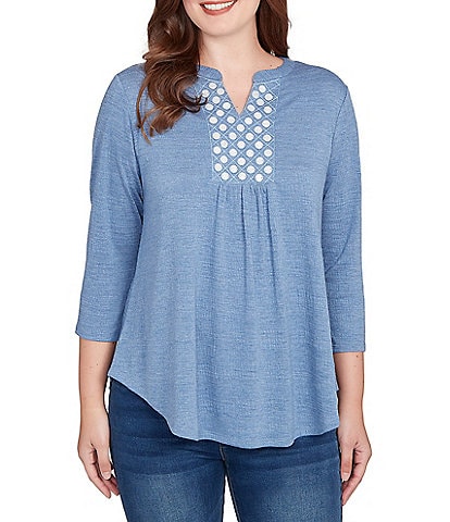 Ruby Rd. Textured Knit Split V-Neck 3/4 Sleeve Top
