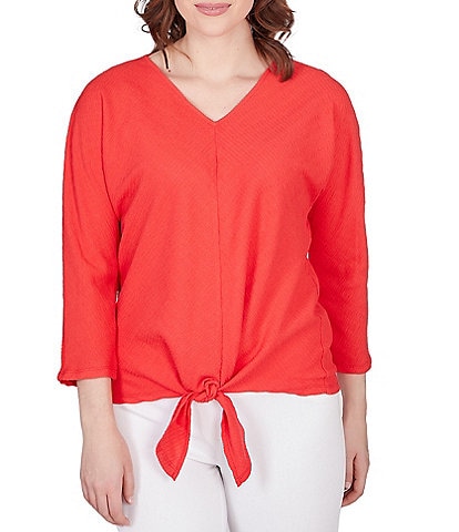 Ruby Rd. Textured Knit V-Neck 3/4 Sleeve Tie-Front Top