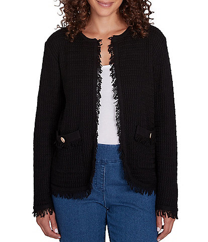 Ruby Rd. Textured Round Neck Long Sleeve Fringe Detail Sweater Jacket