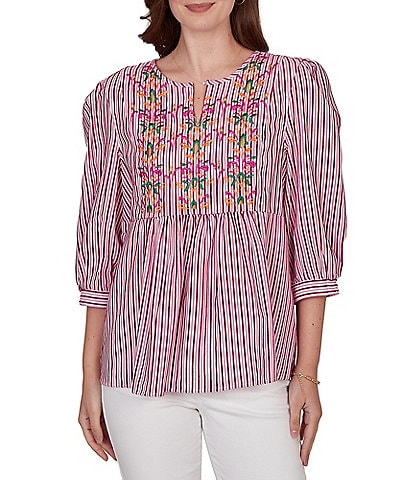 Ruby Rd. Textured Yarn-Dyed Stripe Embroidered Split V-Neck 3/4 Sleeve Blouse