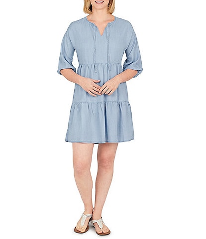 Ruby Rd. Tie Split V-Neck Drop Shoulder 3/4 Balloon Sleeve Tiered Chambray Dress