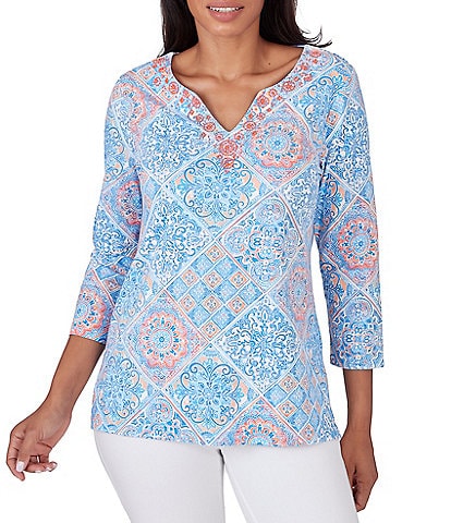 Ruby Rd. Tile Print Knit Embroidered Notch Neck 3/4 Sleeve Top