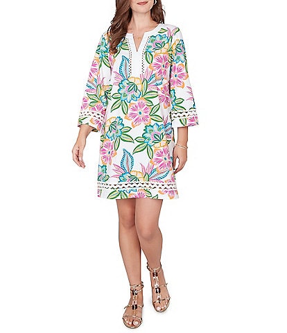 Ruby Rd. Tropical Floral Split V-Neck 3/4 Sleeve Shift Dress