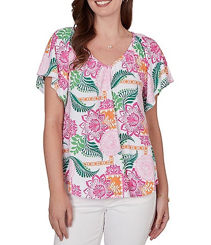 Ruby Rd. Tropical Floral V-Neck Short Flutter Sleeve Top