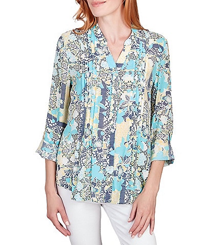 Ruby Rd. Tropical Mixed Print V-Neck Roll-Tab Sleeve Pleated Front Blouse
