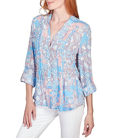 Ruby Rd. Tropical Mixed Print V-Neck Roll-Tab Sleeve Pleated Front Blouse