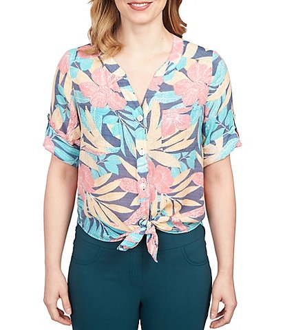 Ruby Rd. Tropical Print Notch Neck Roll-Tab Sleeve Button Tie-Front Shirt