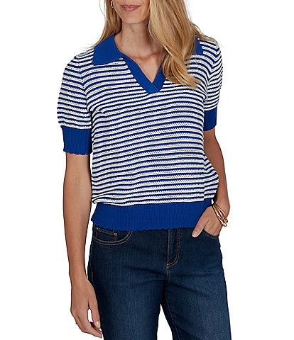 Ruby Rd. Two-Tone Collared V-Neck Elbow Length Sleeve Pullover Sweater