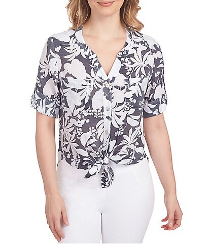 Ruby Rd. Two Tone Leaf Print Band Notch Neck Roll-Tab Sleeve Button Front Top
