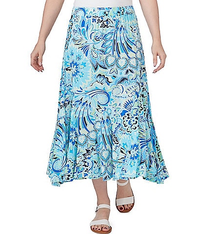 Ruby Rd. Utopia Floral Print Woven Rayon Flowy Hem Elastic Waist Pull-On A-Line Skirt