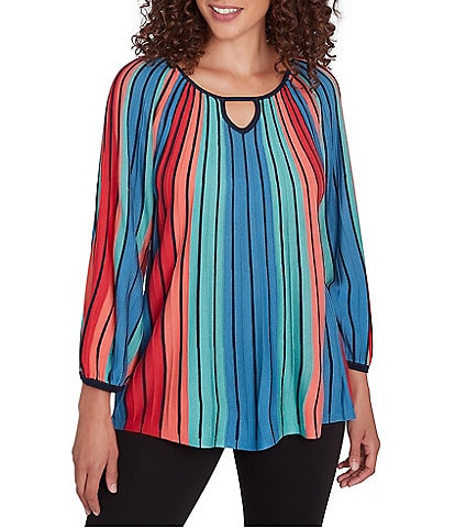 Ruby Rd. Multicolor Vertical Stripe Sweater Knit Ballet Keyhole Neck Bracelet Sleeve Top