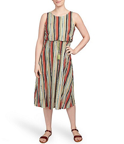 Ruby Rd. Vertical Striped Print Stretch Knit Sleeveless Tassel Tie Waist Blouson Dress