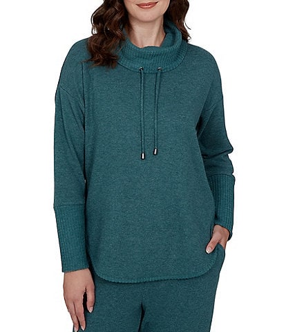 Ruby Rd. Waffle Knit Drawstring Draped Cowl Neck Long Sleeve Top