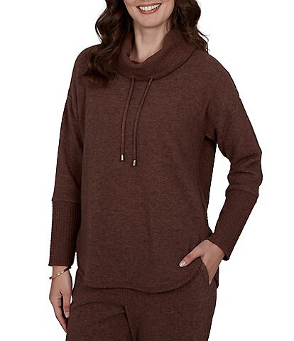 Ruby Rd. Waffle Knit Drawstring Draped Cowl Neck Long Sleeve Top