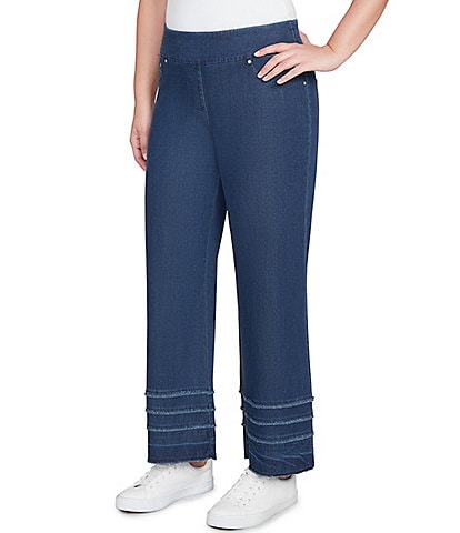 Ruby Rd. Wide-Leg Fringe Tiered Hem Pull-On Denim Ankle Jeans
