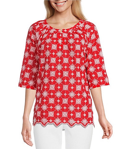 Ruby Rd. Woven Embroidered Eyelet Round Neck 3/4 Sleeve Top