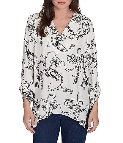 Ruby Rd. Woven Floral Embroidered Notch Collar 3/4 Roll-Tab Sleeve Top