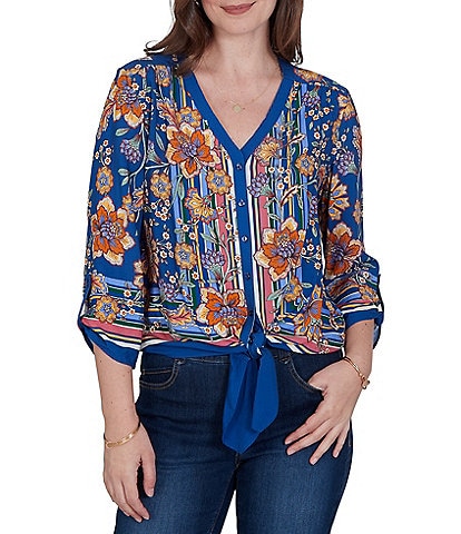 Ruby Rd. Woven Floral Vines V-Neck 3/4 Sleeve Top