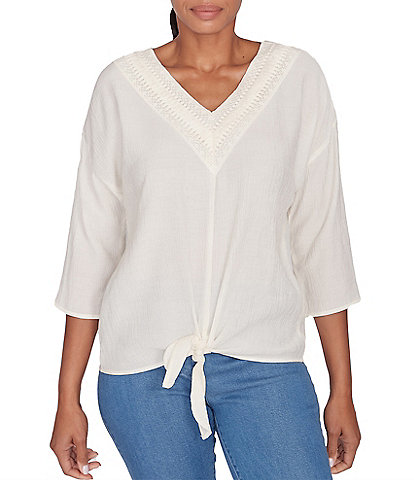 Ruby Rd. Woven Gauze V-Neck 3/4 Sleeve Tie-Front Top