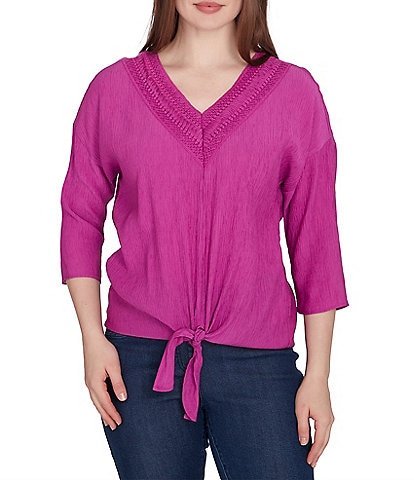 Ruby Rd. Woven Gauze V-Neck 3/4 Sleeve Tie-Front Top