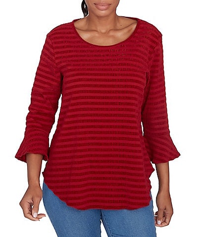 Ruby Rd. Woven Luxe Crew Neck 3/4 Flounce Sleeve Smocked Stripe Top