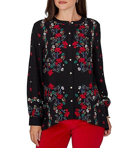 Ruby Rd. Woven Matte Floral Band Collar Long Sleeve Button Front Shirt