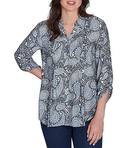 Ruby Rd. Woven Paisley Print Band Collar 3/4 Roll-Tab Sleeve Button-Front Top