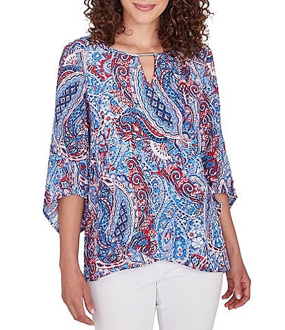 Ruby Rd. Woven Printed Keyhole Bar Detail Neck 3/4 Sleeve Top