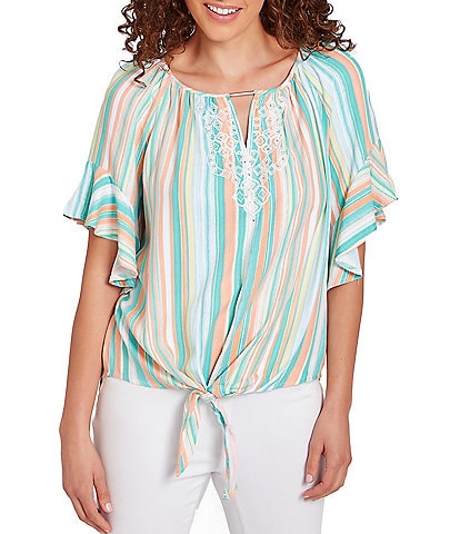 Ruby Rd. Woven Stripe Keyhole Neck Embroidery Short Flounce Sleeve Tie Top