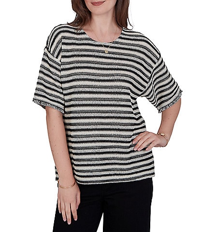 Ruby Rd. Woven Stripe Scoop Neck Short Fringe Sleeve Top