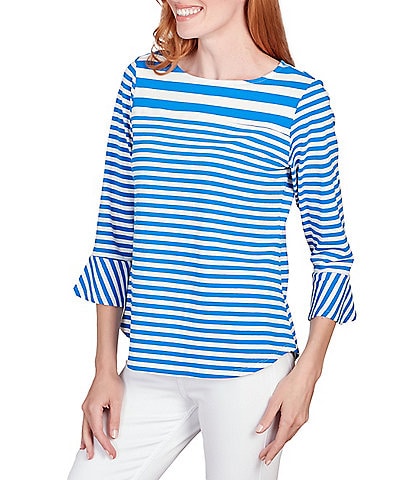 Ruby Rd. Yarn Dye Stripe Print Knit Boat Neck 3/4 Bell Sleeve Shirt