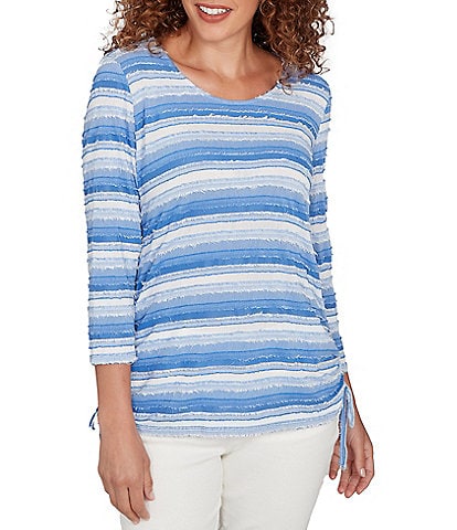 Ruby Rd. Yarn-Dyed Eyelash Stripe Scoop Neck 3/4 Sleeve Adjustable Side Ties Top