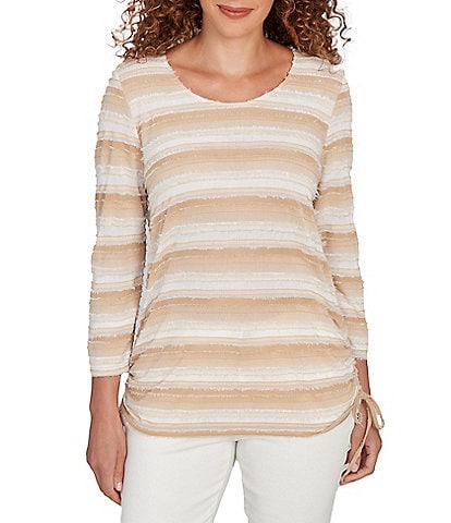 Ruby Rd. Yarn-Dyed Eyelash Stripe Scoop Neck 3/4 Sleeve Adjustable Side Ties Top
