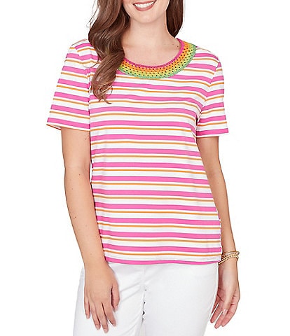 Ruby Rd. Yarn-Dyed Stripe Crochet Embellished Scoop Neck Short Sleeve Tee