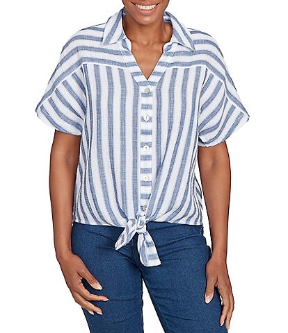 Ruby Rd. Yarn-Dyed Woven Stripe Collared V-Neck Short Sleeve Button Front Shirt