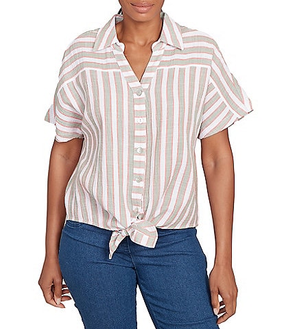Ruby Rd. Yarn-Dyed Woven Stripe Collared V-Neck Short Sleeve Button Front Shirt
