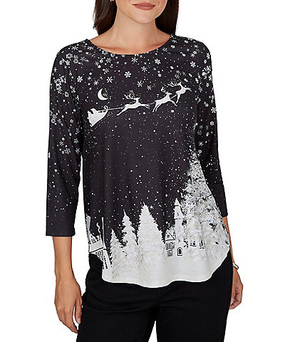 Ruby Rd.Petite Size Santa Flying Sleigh Snowflake Crew Neck 3/4 Sleeve Top