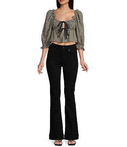 Rumored Parton Short Sleeve Tie-Front Gingham Top