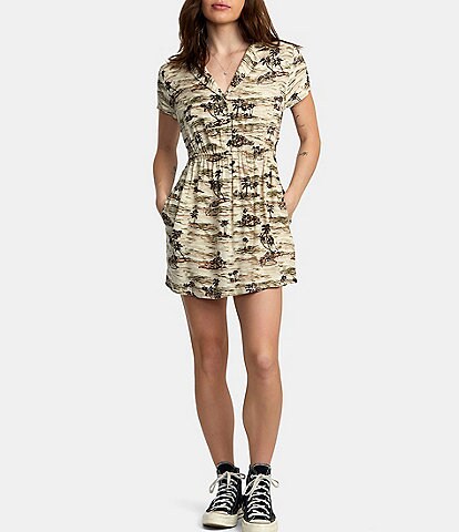 RVCA Rebound Printed Short Sleeve Front Button Cut-Out Dress