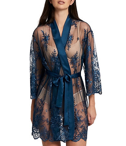 Rya Collection Allover Lace Banded Neck 3/4 Sleeve Short Wrap Robe
