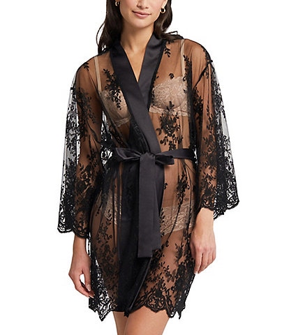 Rya Collection Allover Lace Banded Neck 3/4 Sleeve Short Wrap Robe