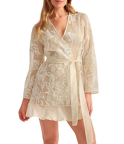 Rya Collection Voltaire Embroidered Charmeuse Long Sleeve Short Robe